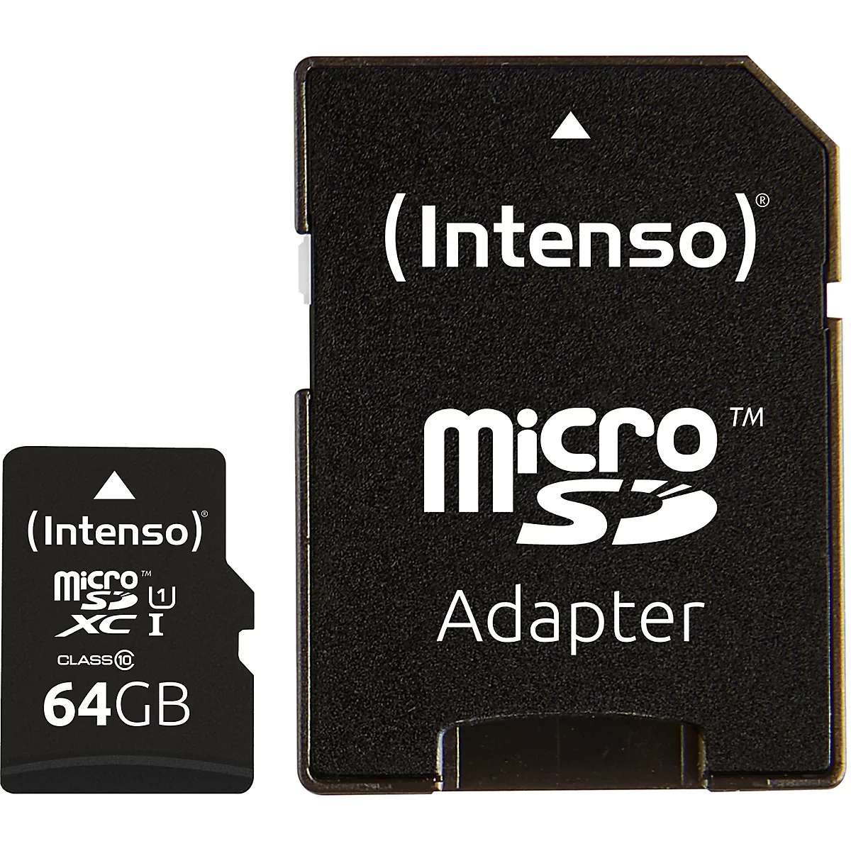 Zwei schwarze Speicherkarten auf weißem Hintergrund. Eine MicroSD-Karte und ein Adapter, beide mit 'Intenso' und technischen Angaben.