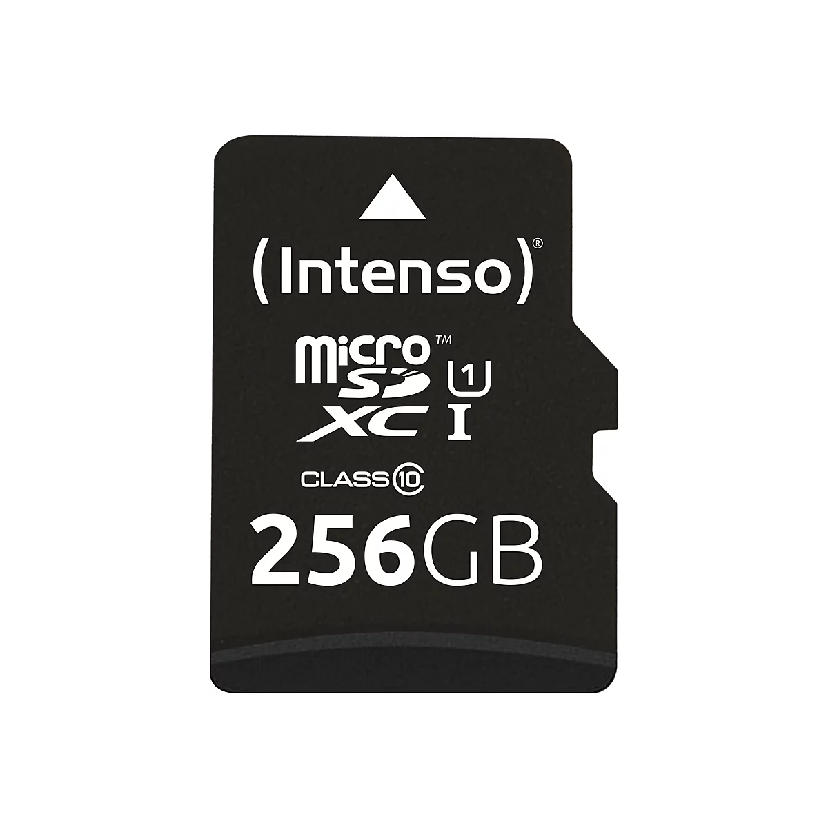 Schwarze SD-Karte mit weißem Text: (Intenso) micro SD XC I, CLASS 10, 256GB.
