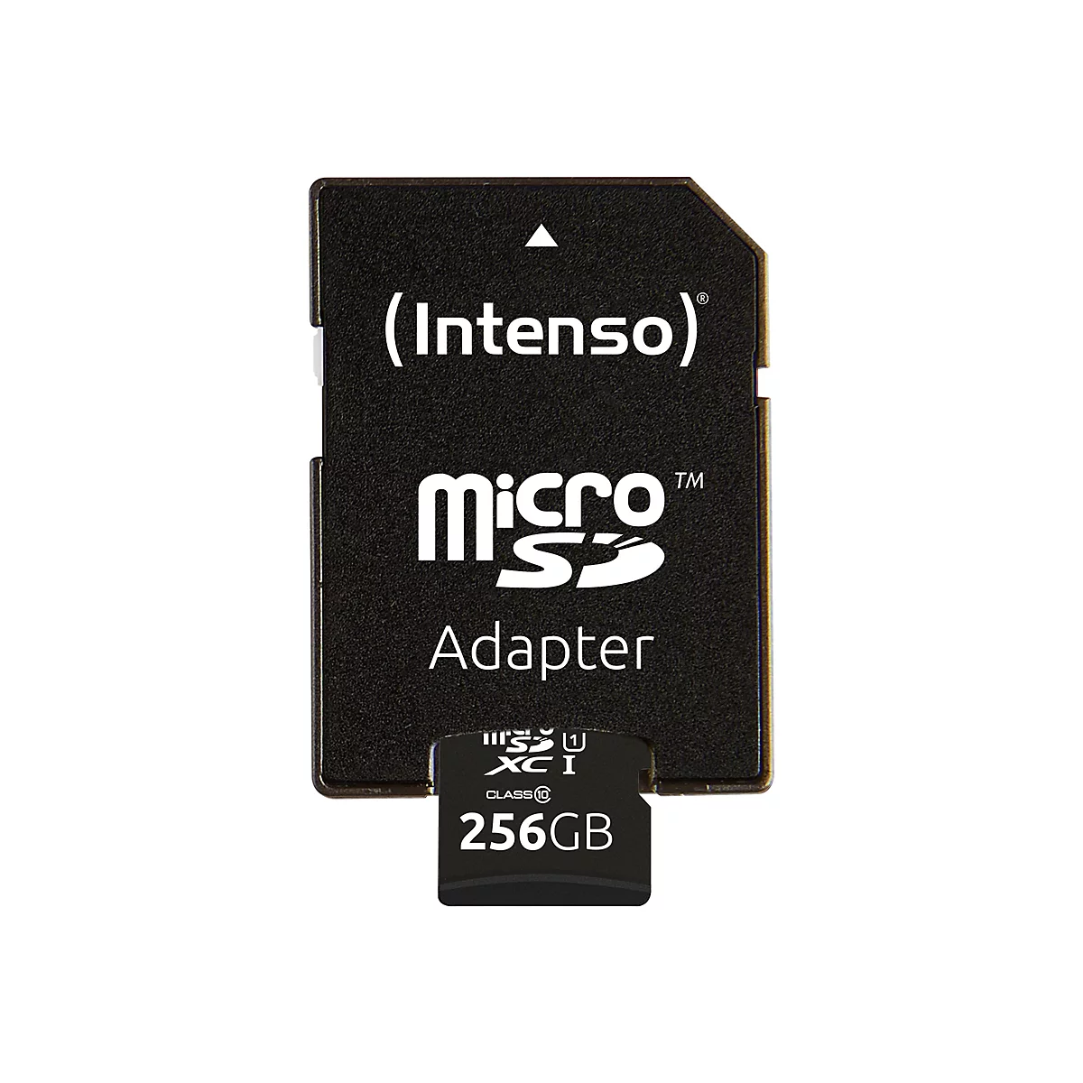 Eine schwarze Intenso Micro SD-Karte mit weißer Schrift, „(Intenso)“, „micro SD Adapter“ und „256GB“.
