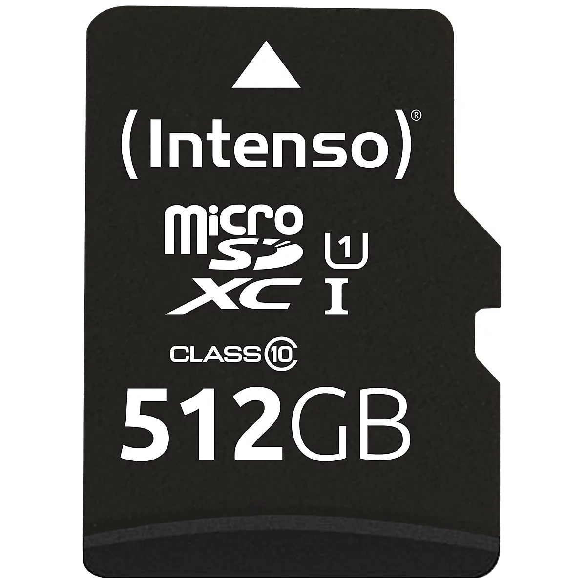 Schwarze microSDXC Speicherkarte, weißer Schriftzug 'Intenso', 512 GB.