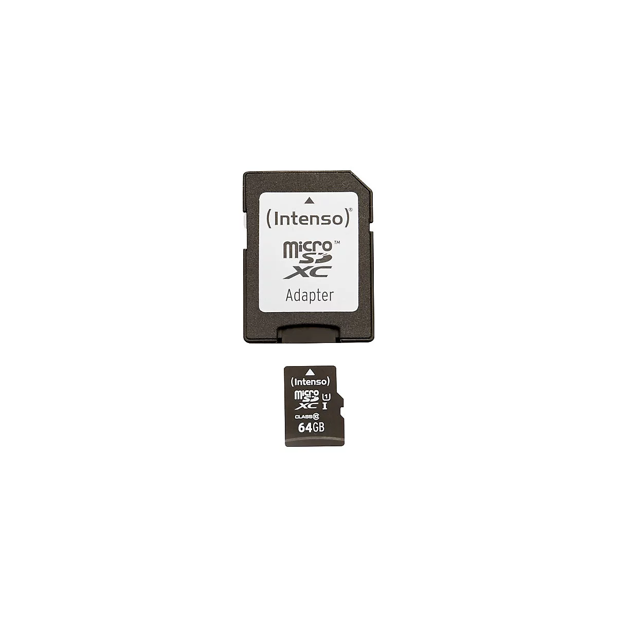 SD-Karten-Adapter und Micro-SD-Karte von Intenso. Aufschrift: Micro SD XC, 64 GB.