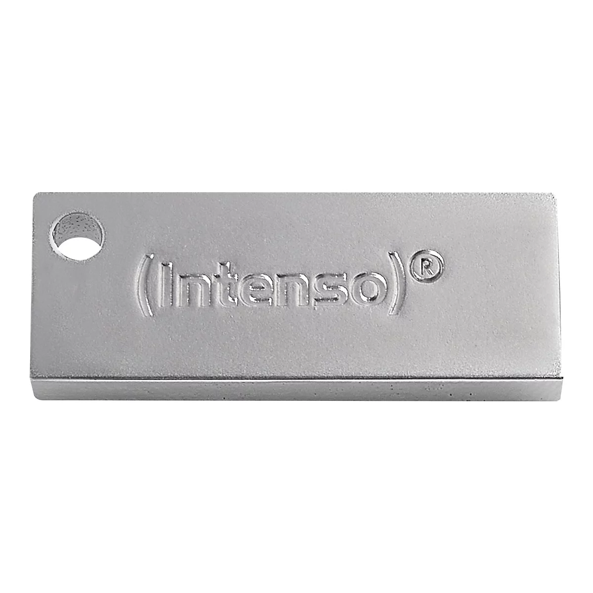 Silberner USB-Stick mit abgerundeten Ecken und dem geprÃ¤gten Schriftzug (Intenso)Â® sowie einem Loch zum AufhÃ¤ngen.