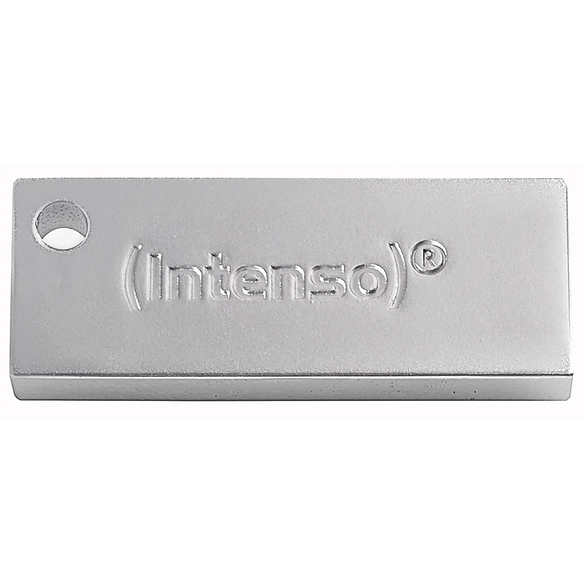Silberfarbener USB-Stick von Intenso. Auf der Oberfläche ist der Markenname geprägt, am oberen Rand ein Loch.