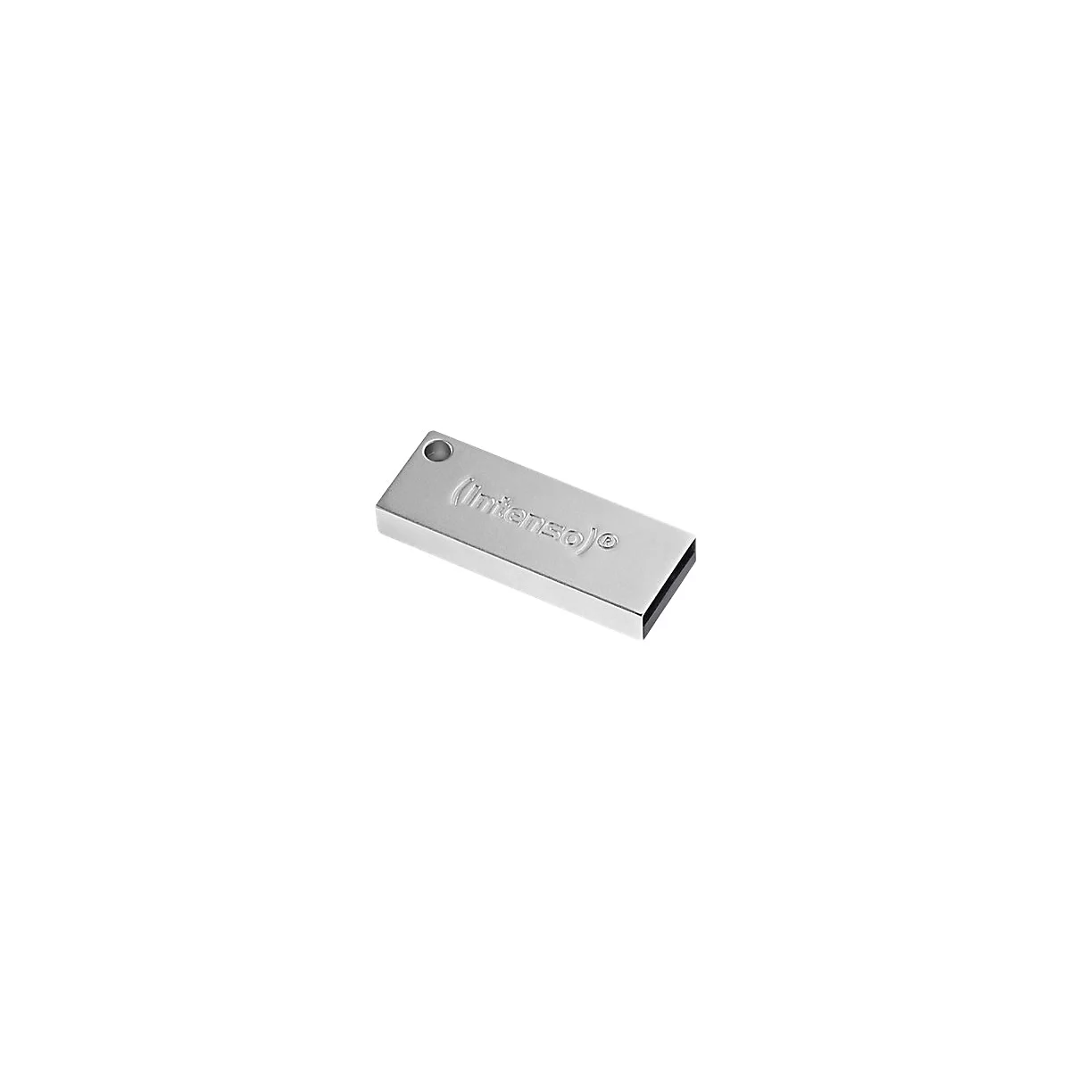 Silberner USB-Stick mit 'Intenso'-Logo und Loch. Der Stick liegt schräg auf hellem Hintergrund.