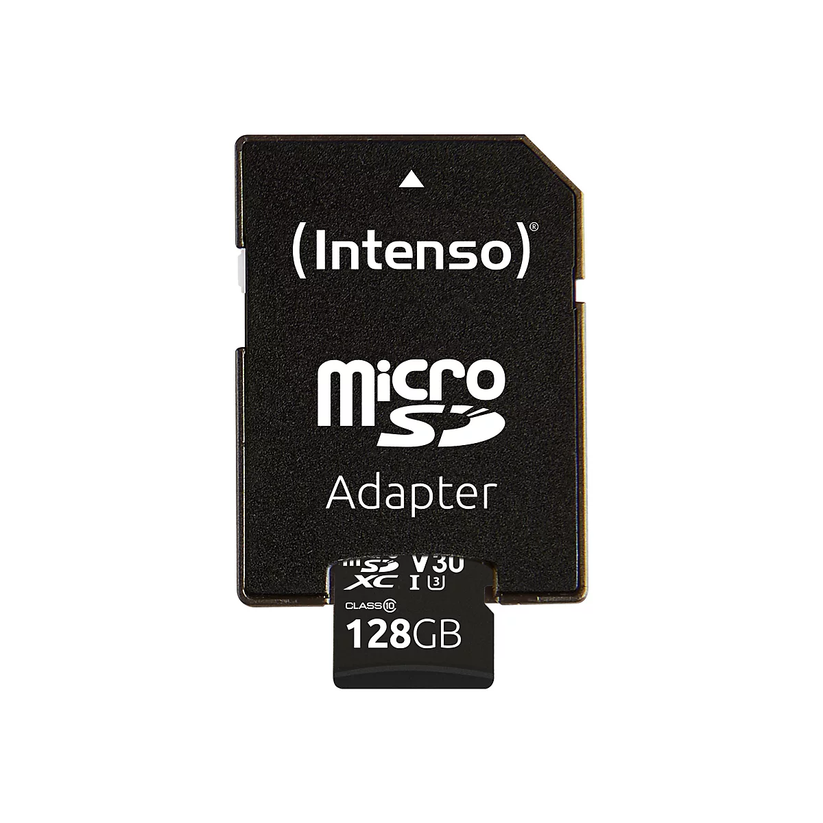 Schwarzer MicroSD-Adapter mit weißer Schrift von Intenso. Aufgedruckt sind "micro SD Adapter" und die Speicherkapazität 128GB.