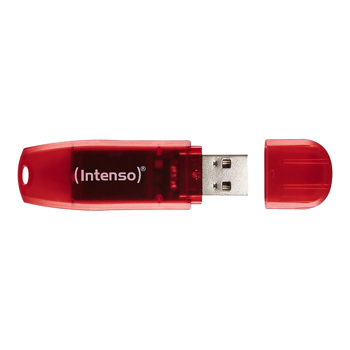 Roter USB-Stick von Intenso mit abgenommenem Verschluss.