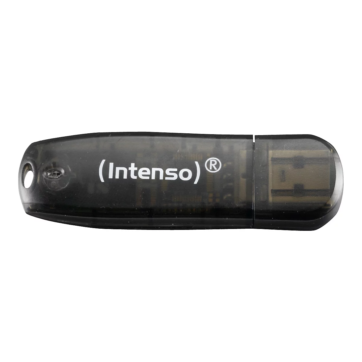 Schwarzer USB-Stick mit Intenso-Logo. Transparentes GehÃ¤use mit USB-Anschluss.