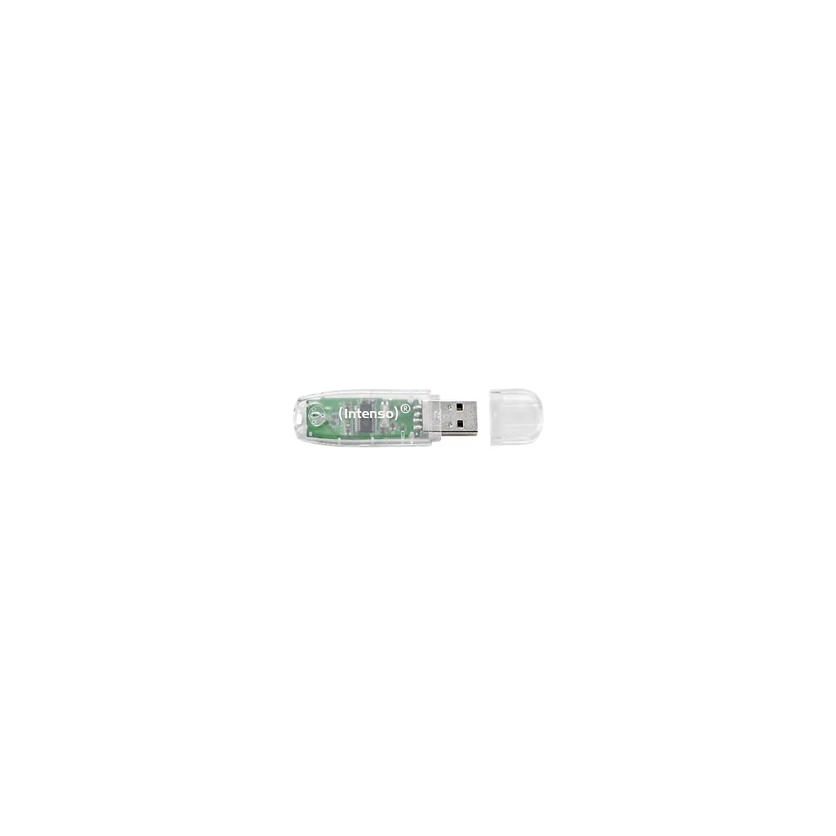 Transparenter USB-Stick mit offenem GehÃ¤use und grÃ¼nem Innenleben. Aufschrift: (Intenso).