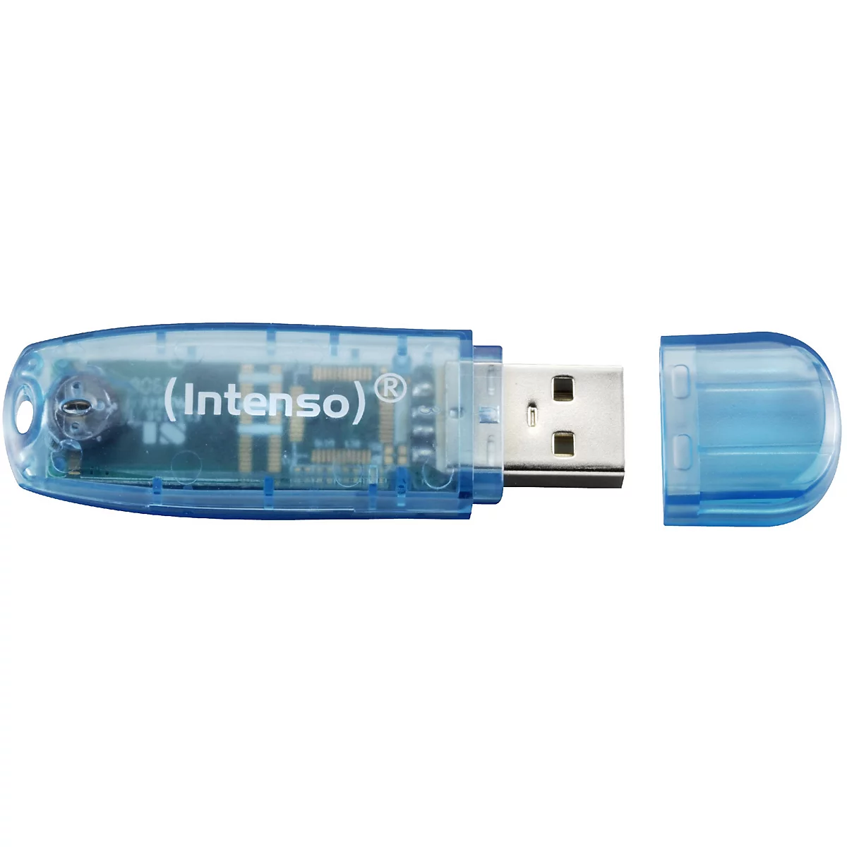 Ein blauer USB-Stick mit Schutzhülle; Logo (Intenso) und silberner USB-Anschluss.