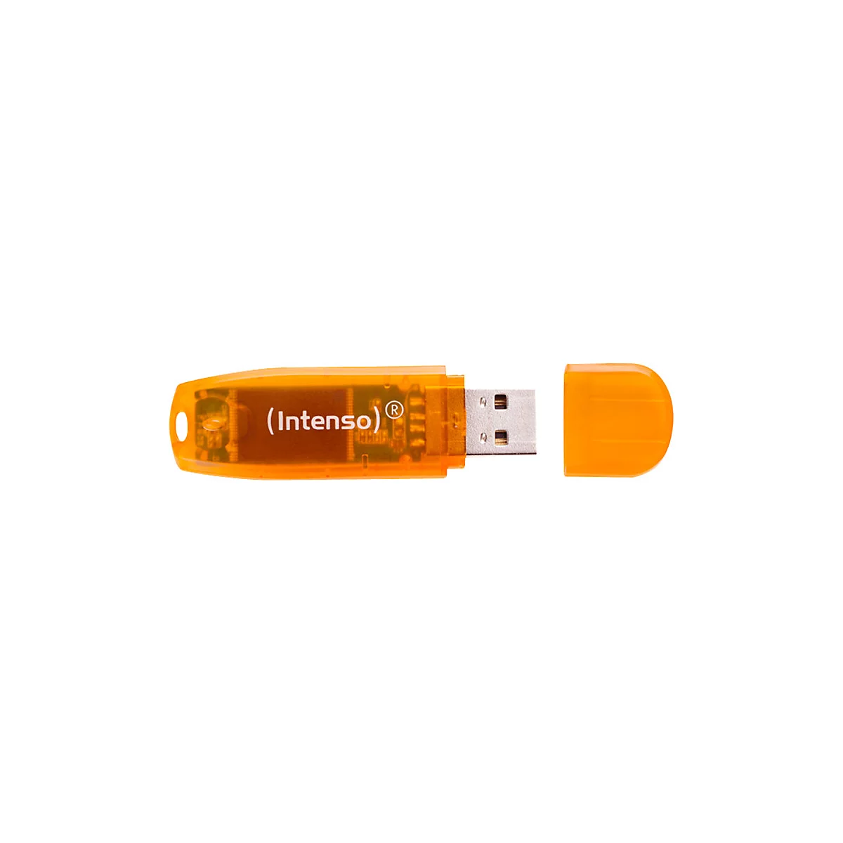Ein orangefarbener USB-Stick der Marke Intenso mit geÃ¶ffneter Schutzkappe, auf weiÃŸem Hintergrund.