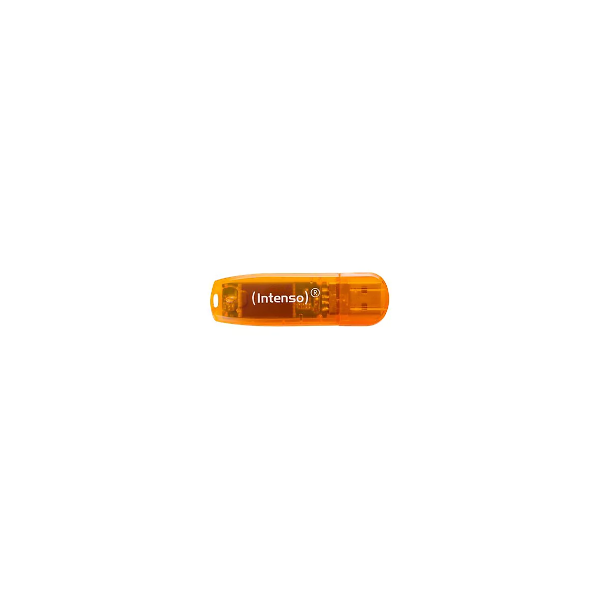 Orangener USB-Stick mit Aufschrift (Intenso). Rechts USB-Anschluss.