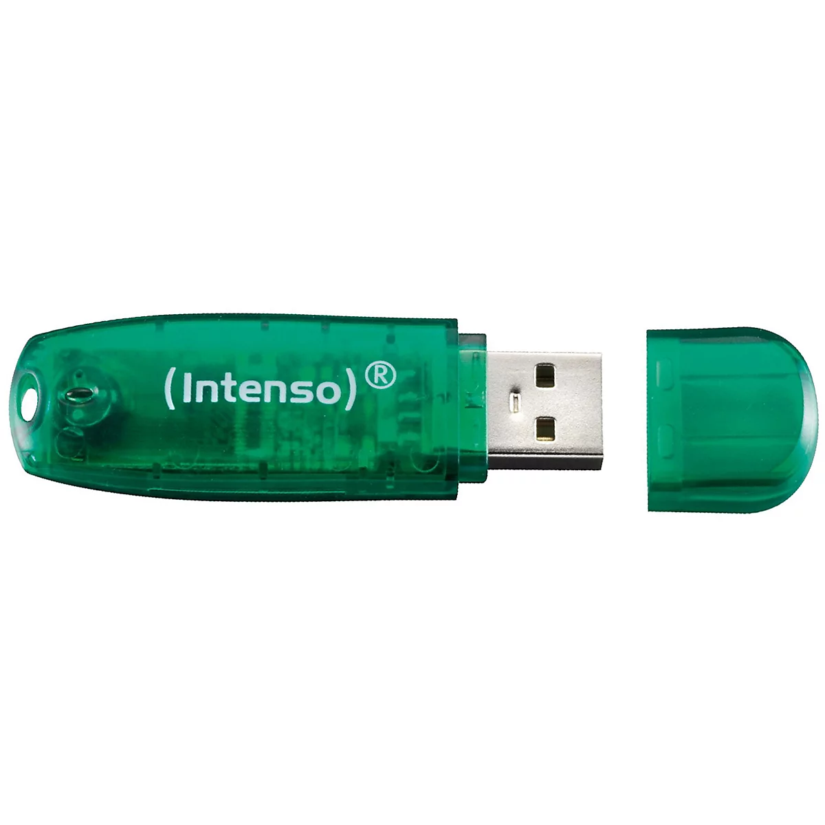 Grüner USB-Stick von Intenso mit abnehmbarer Kappe. Auf dem Stick steht Intenso.