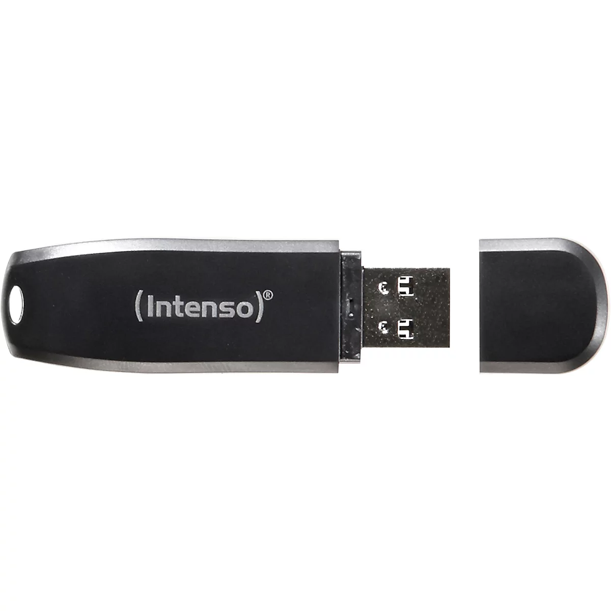 Ein schwarzer USB-Stick mit abnehmbarer Kappe. Auf dem Stick steht in weißer Schrift "(Intenso)".