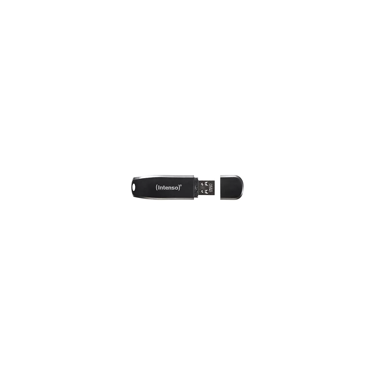Schwarzer USB-Stick der Marke Intenso mit abgenommenem Verschluss vor weißem Hintergrund.
