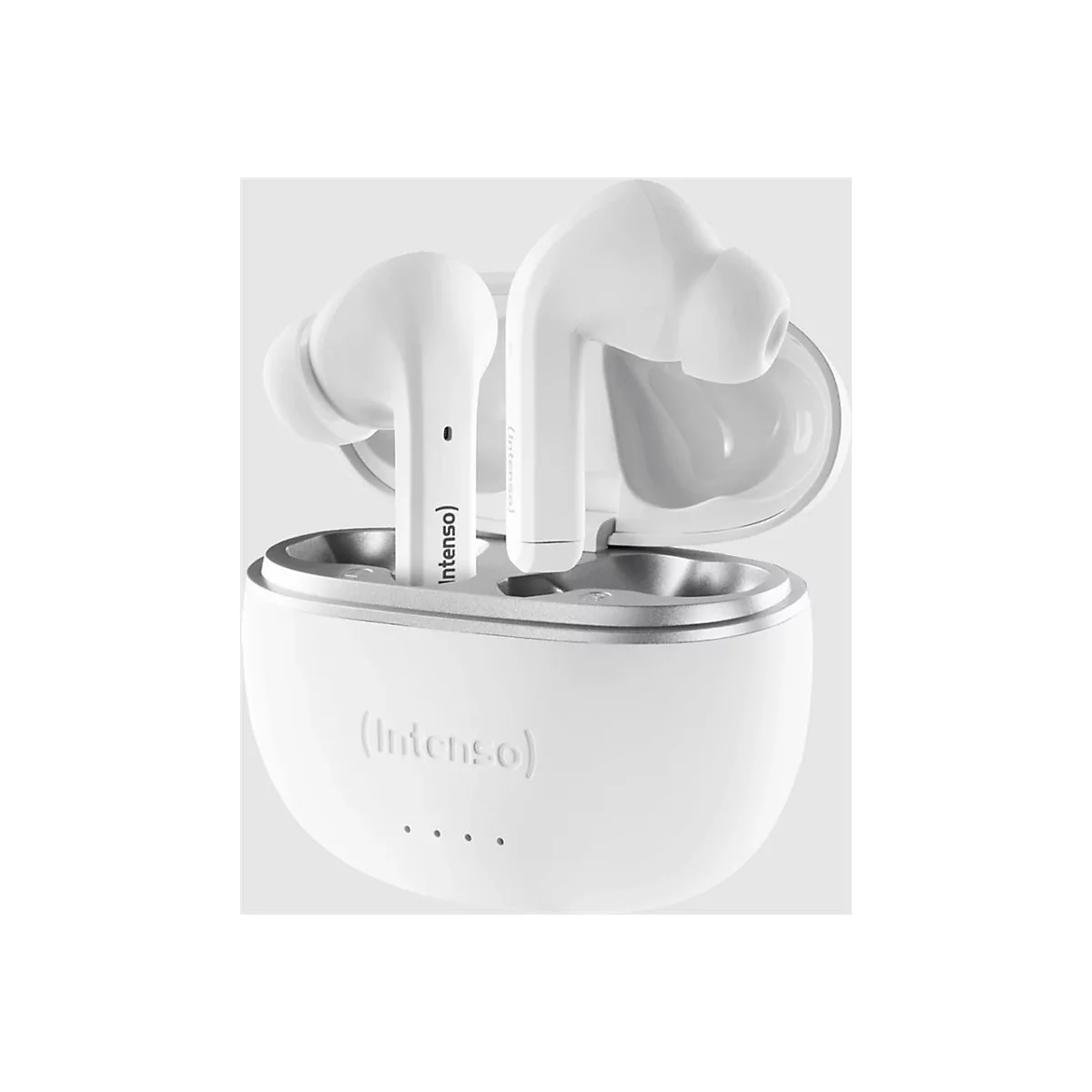 Écouteurs intra-auriculaires blancs avec étui de chargement, marque Intenso, ouverts.