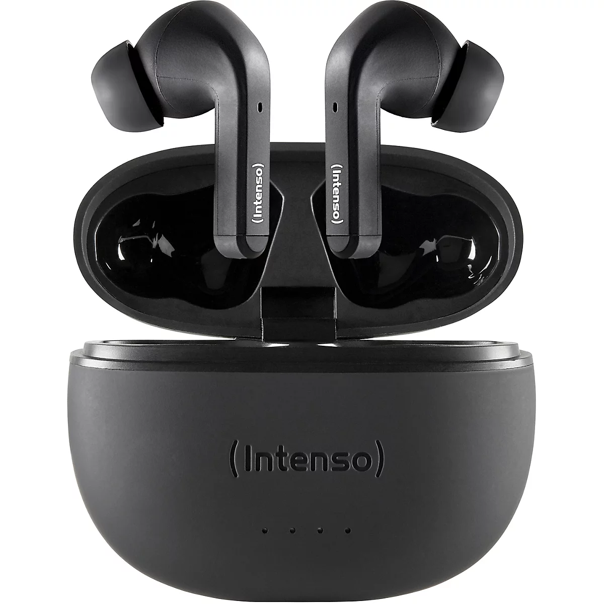 Schwarze In-Ear-Kopfhörer mit Ladecase, Marke Intenso. Die Kopfhörer sind aus dem geöffneten Case herausnehmbar.