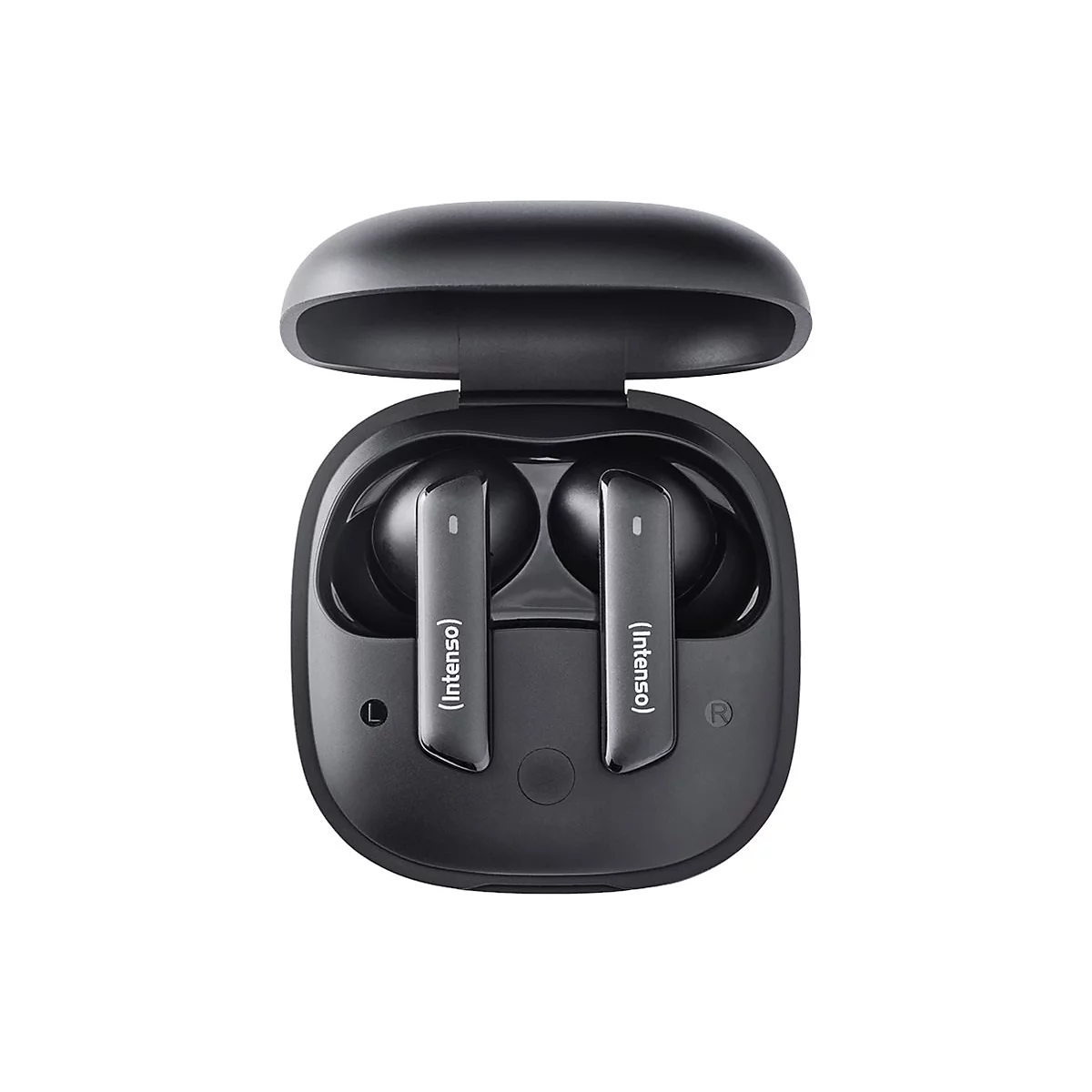 Schwarze In-Ear-Kopfhörer in einer geöffneten, ebenfalls schwarzen Ladebox. Der Markenname 'Intenso' ist zu sehen.