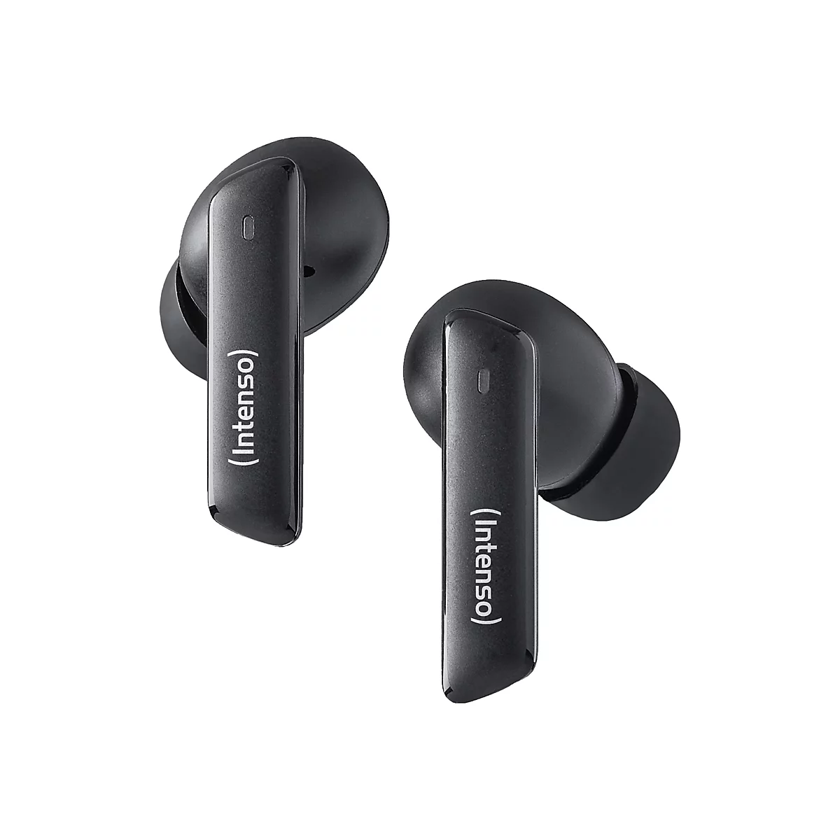 Zwei schwarze In-Ear-Kopfhörer mit dem Schriftzug "(Intenso)" auf der Außenseite, vor weißem Hintergrund.