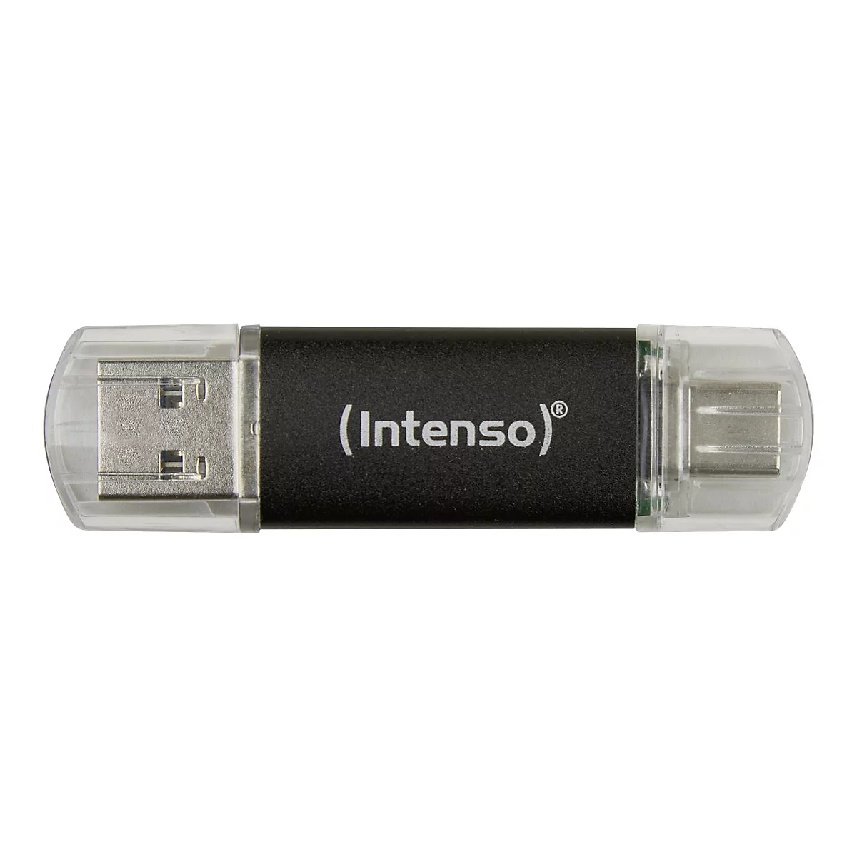 Ein schwarzer USB-Stick mit 'Intenso' Aufdruck. An beiden Enden transparente Kappen.