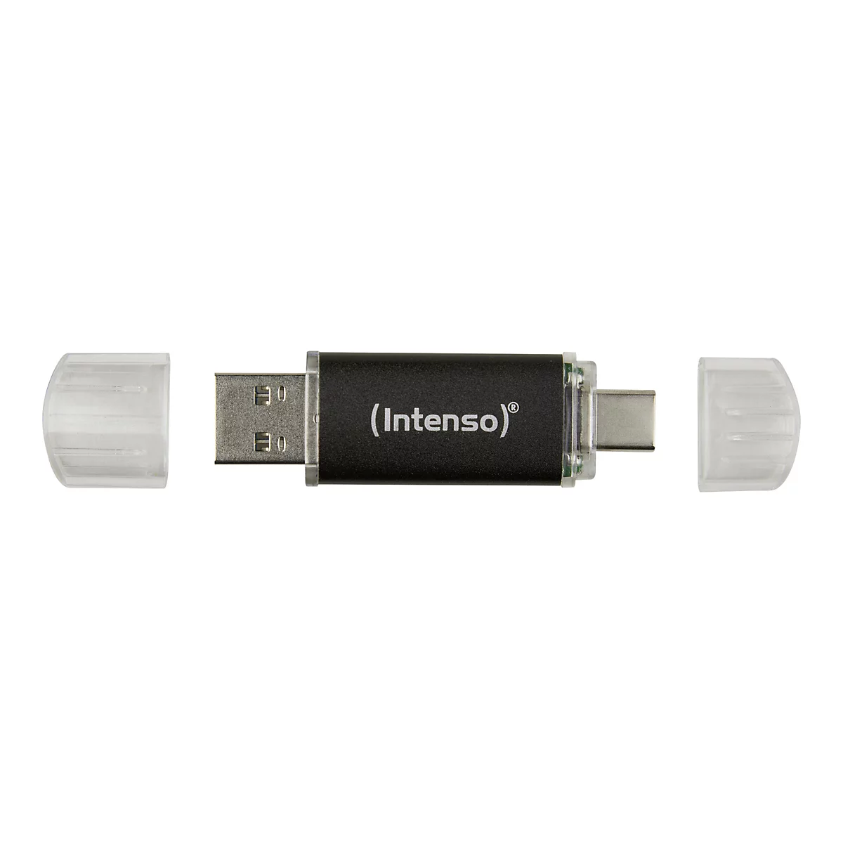 Schwarzer Intenso USB-Stick mit USB-A und USB-C Anschlüssen sowie zwei abgenommenen, transparenten Schutzkappen.