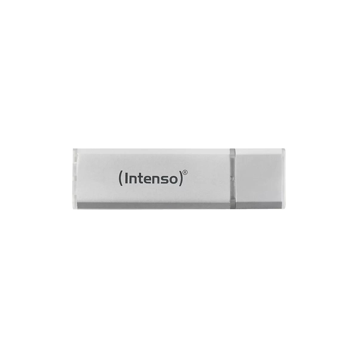 Silberner USB-Stick mit Aufdruck '(Intenso)'.