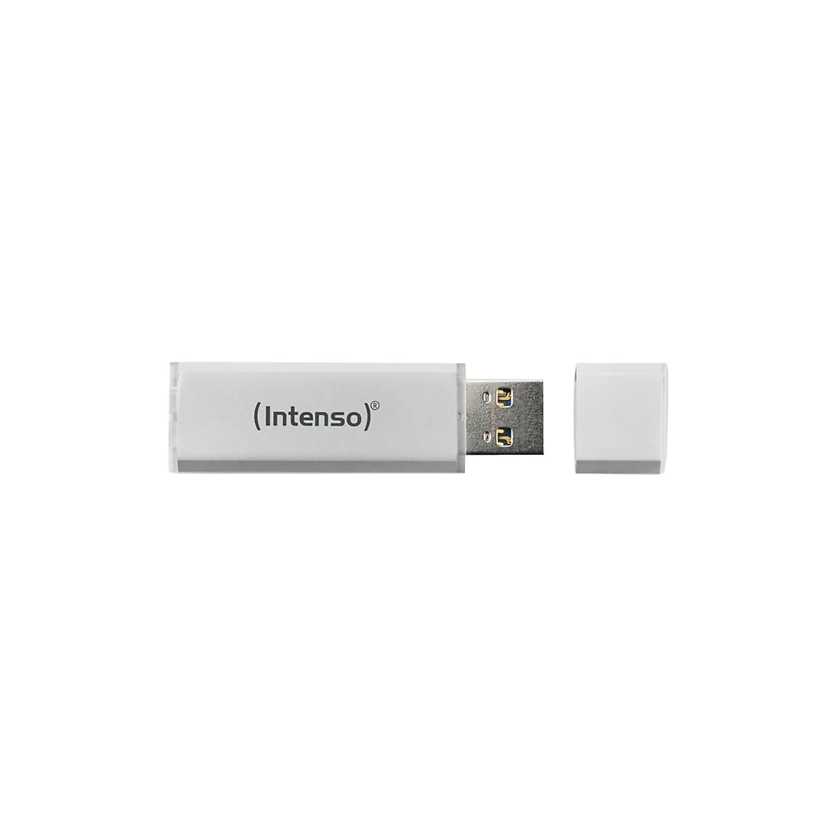 Ein weiÃŸer USB-Stick mit der Aufschrift (Intenso). Die Kappe liegt daneben.