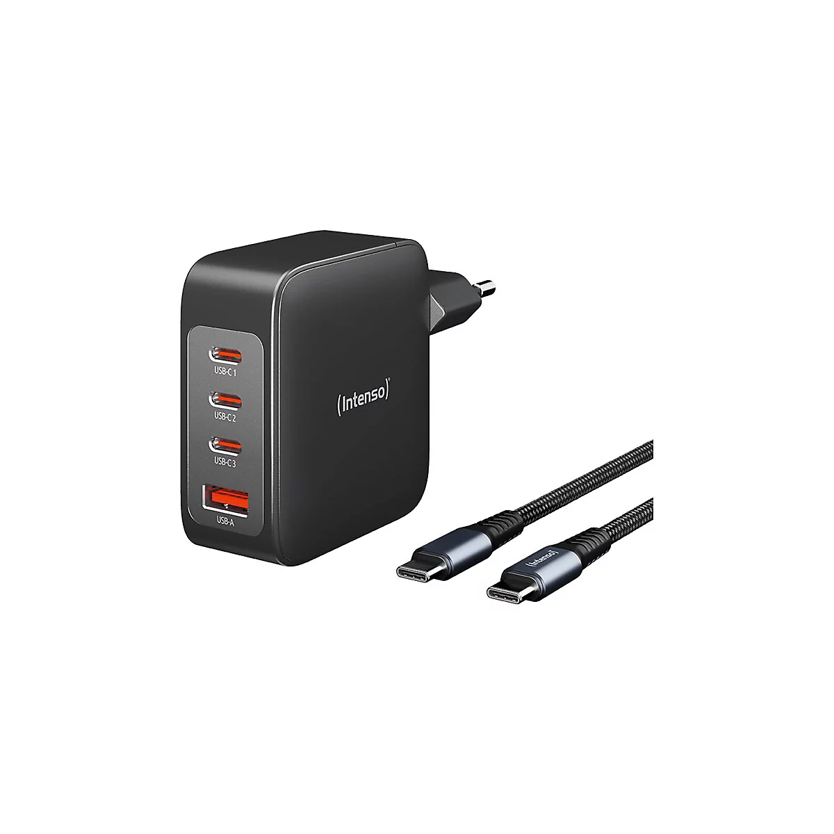 Schwarzes Ladegerät mit mehreren USB-Anschlüssen und einem Kabel. Der Schriftzug 'Intenso' ist zu sehen.