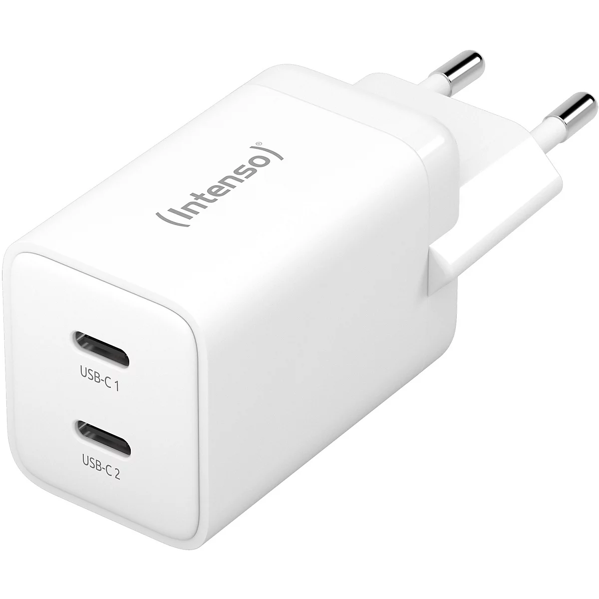 Weißes Ladegerät mit zwei USB-C-Anschlüssen. Der Aufdruck "(Intenso)" ist zu sehen.