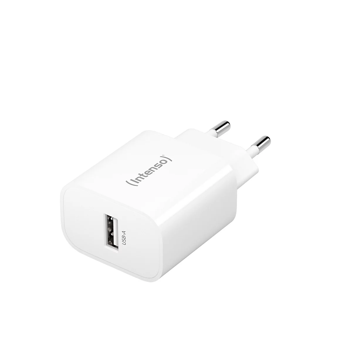 Ein weißes USB-Ladegerät mit Logo und USB-A-Anschluss, Stecker rechts.