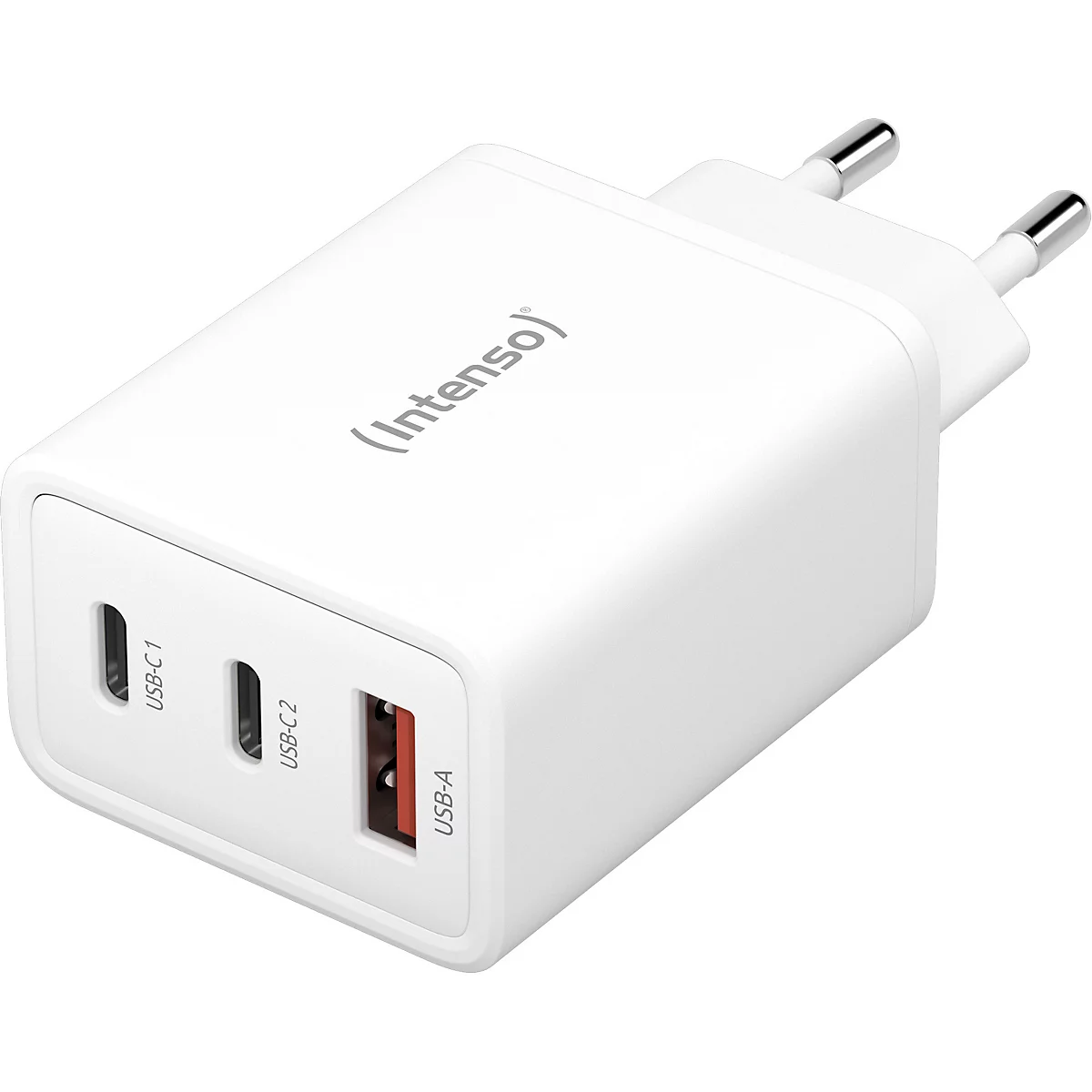 Weißes Ladegerät mit drei Anschlüssen: USB-C 1, USB-C 2, USB-A. Mit Intenso-Schriftzug. Zwei Metallstifte.