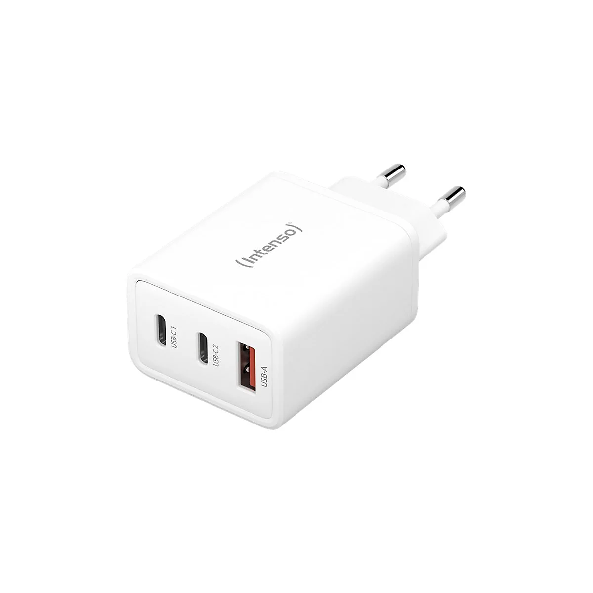 Weißes Ladegerät mit drei USB-Anschlüssen und Stecker. Aufdruck (Intenso).
