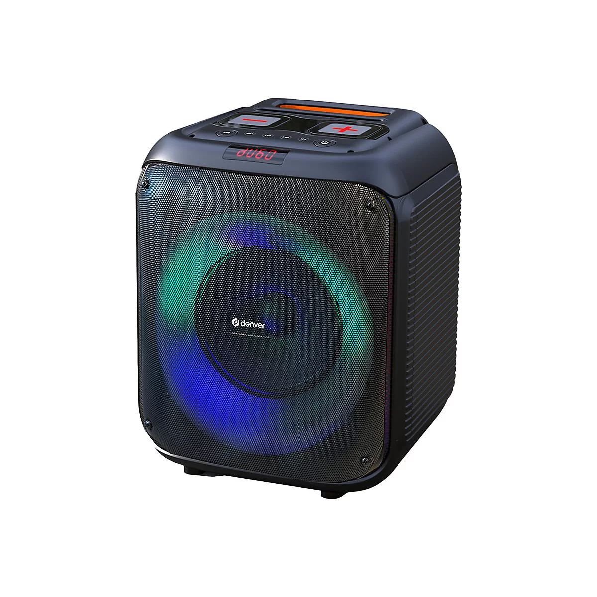 Schwarzer Denver Bluetooth-Lautsprecher mit LED-Ringbeleuchtung und Bedienfeld auf der Oberseite.