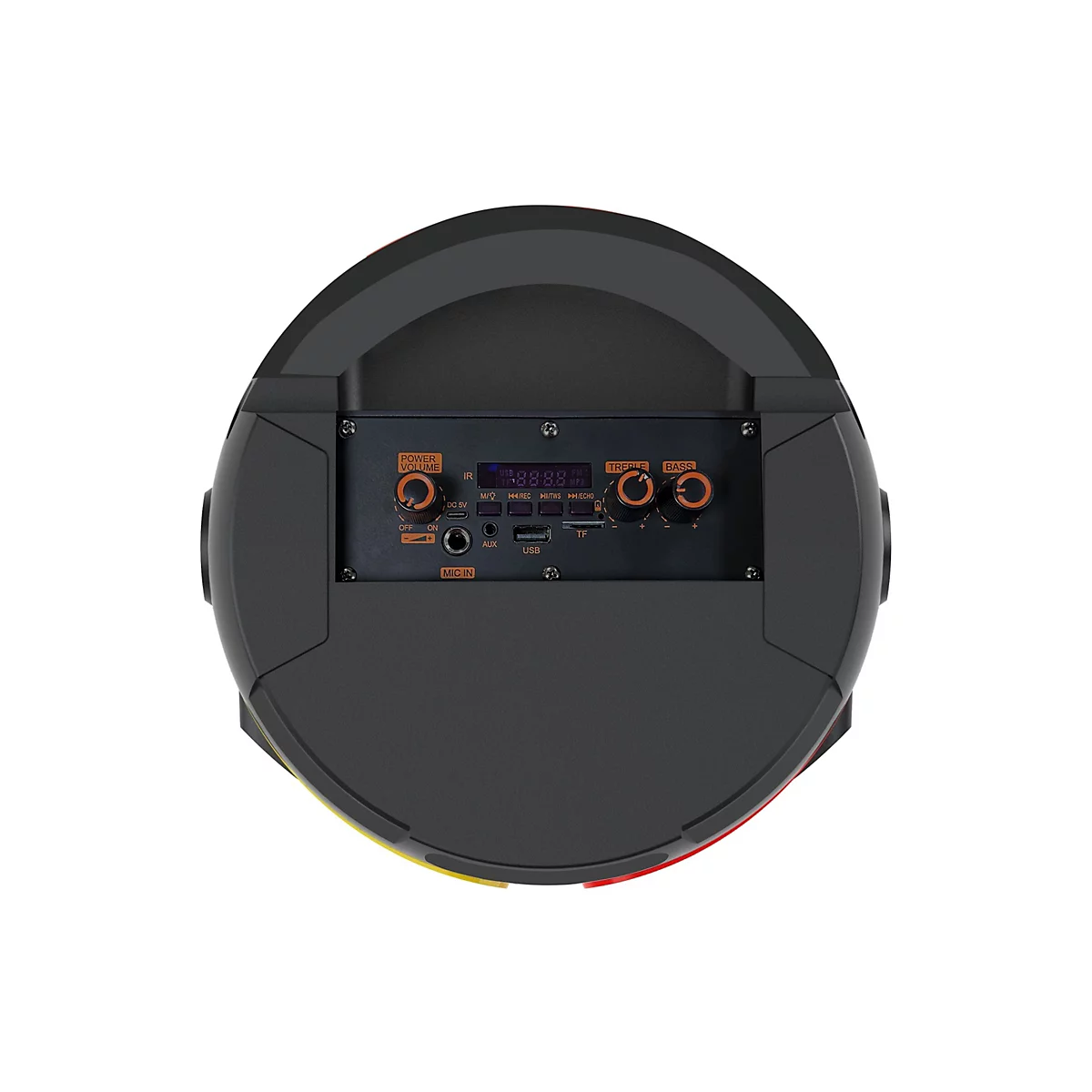 Draufsicht auf das Bedienfeld eines schwarzen zylindrischen Bluetooth-Lautsprechers mit Drehreglern und Anschlüssen.