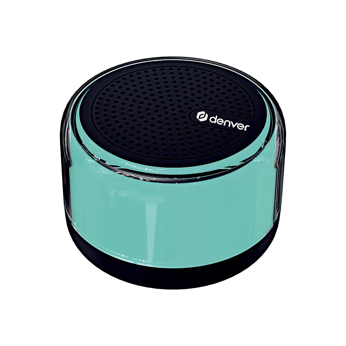Runder, türkisfarbener Bluetooth-Lautsprecher von Denver mit schwarzer Oberseite und Lautsprechergitter.