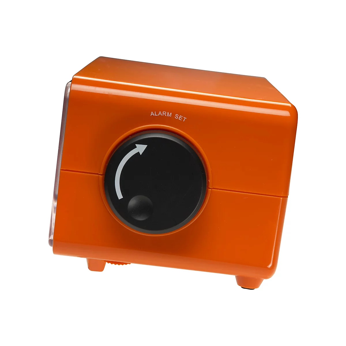 Orangefarbener Wecker mit großem schwarzem Drehknopf und der Aufschrift ALARM SET vor weißem Hintergrund.