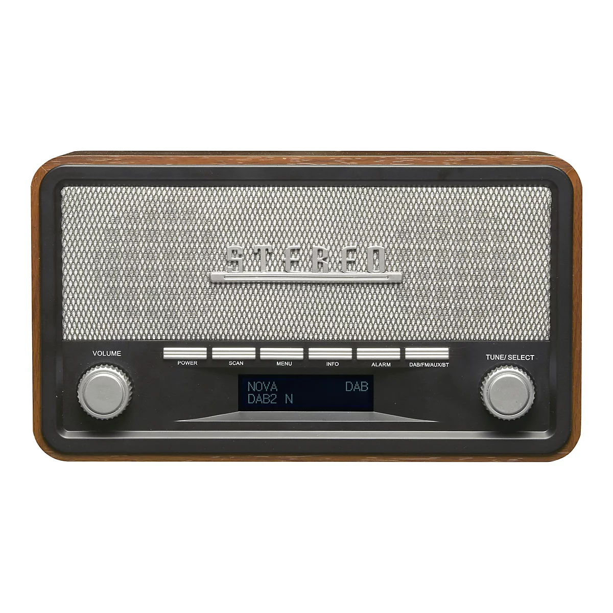 Digitalradio im Retro-Design mit Holzgehäuse, grauer Stoffblende und schwarzer Frontblende mit digitaler Anzeige.