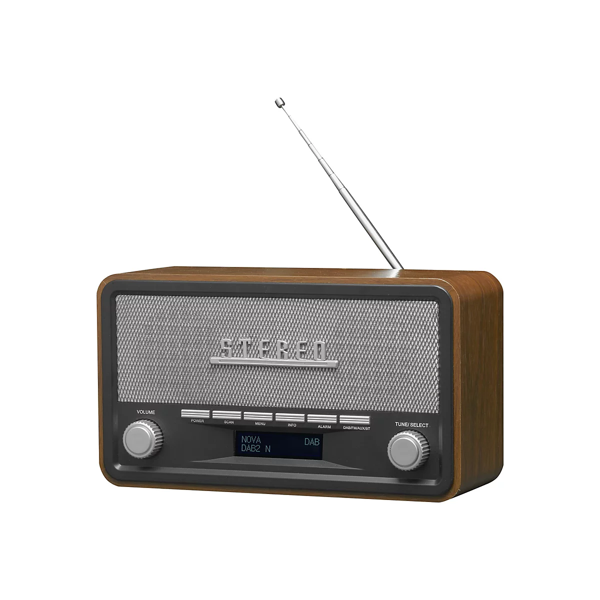 Digitalradio im Retro-Design mit Holzgehäuse, grauer Frontblende, silbernen Drehknöpfen und ausziehbarer Antenne.