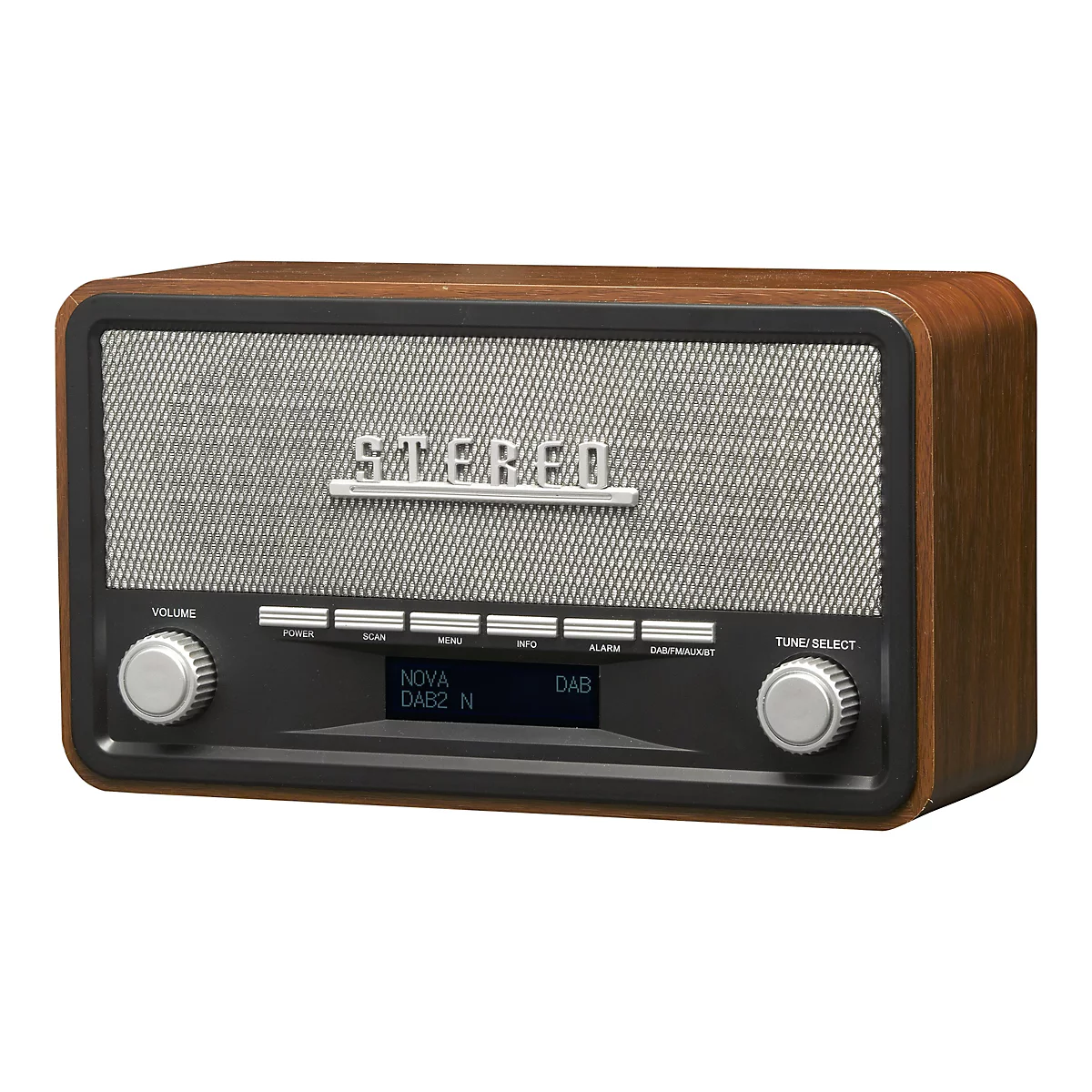 Digitalradio im Retro-Design mit Holzgehäuse, Lautsprechergitter, silbernen Tasten, Drehreglern und Display.