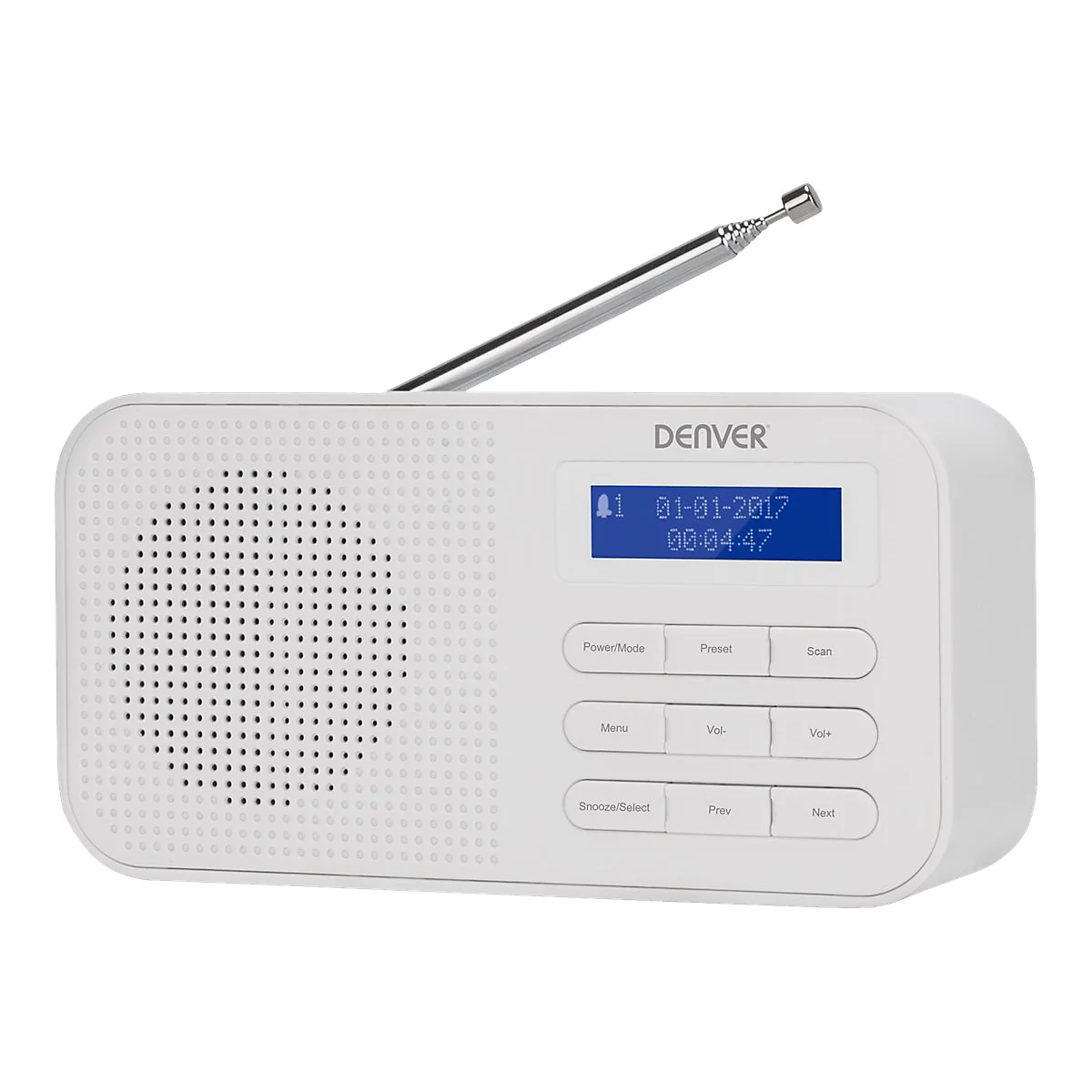 Weißes Digitalradio von Denver mit Teleskopantenne und Display auf weißem Hintergrund.