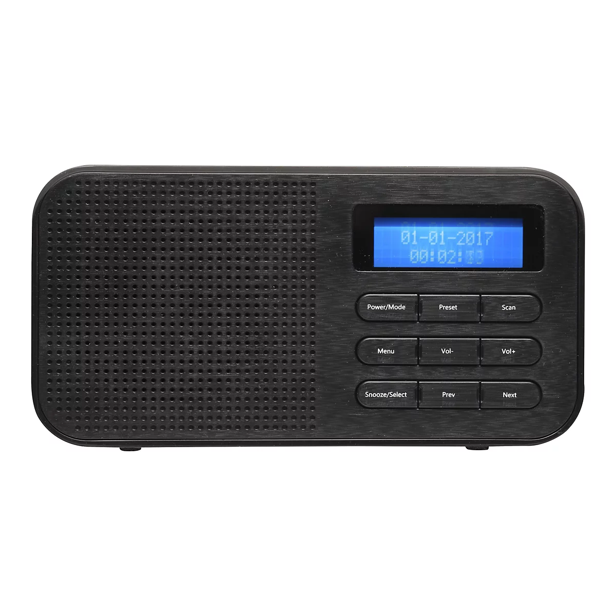 Schwarzes Digitalradio mit blauem LC-Display und Tastenfeld auf weißem Hintergrund.