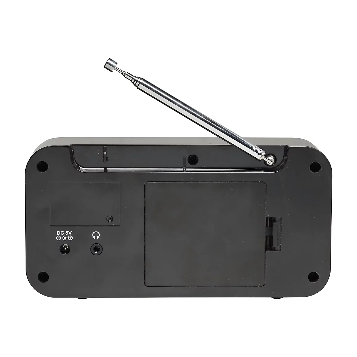 Rückseite eines schwarzen Radios mit ausziehbarer Antenne, Kopfhöreranschluss und DC 5V Stromanschluss.