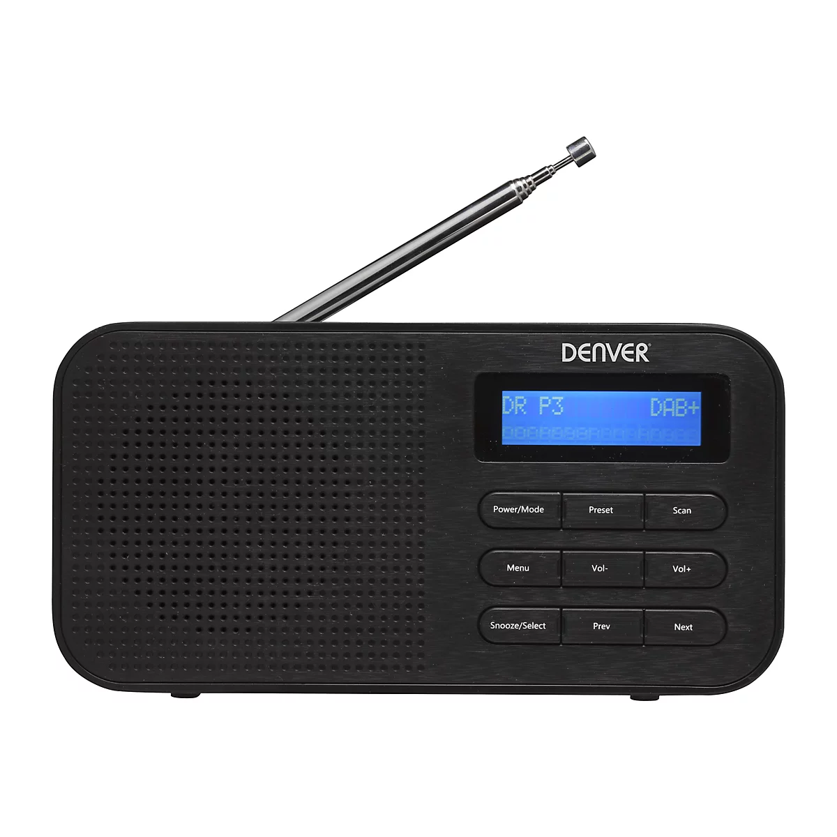Schwarzes Denver DAB+ Digitalradio mit ausziehbarer Antenne, Lautsprechergitter und blauem LCD-Display.