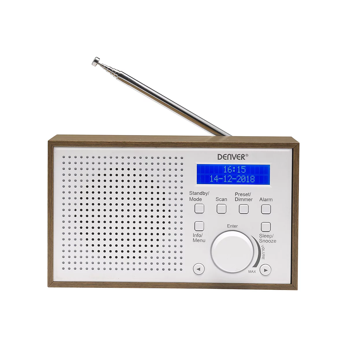 Digitalradio von Denver mit Holzgehäuse, weißer Front, ausziehbarer Antenne und blauem LCD-Display.