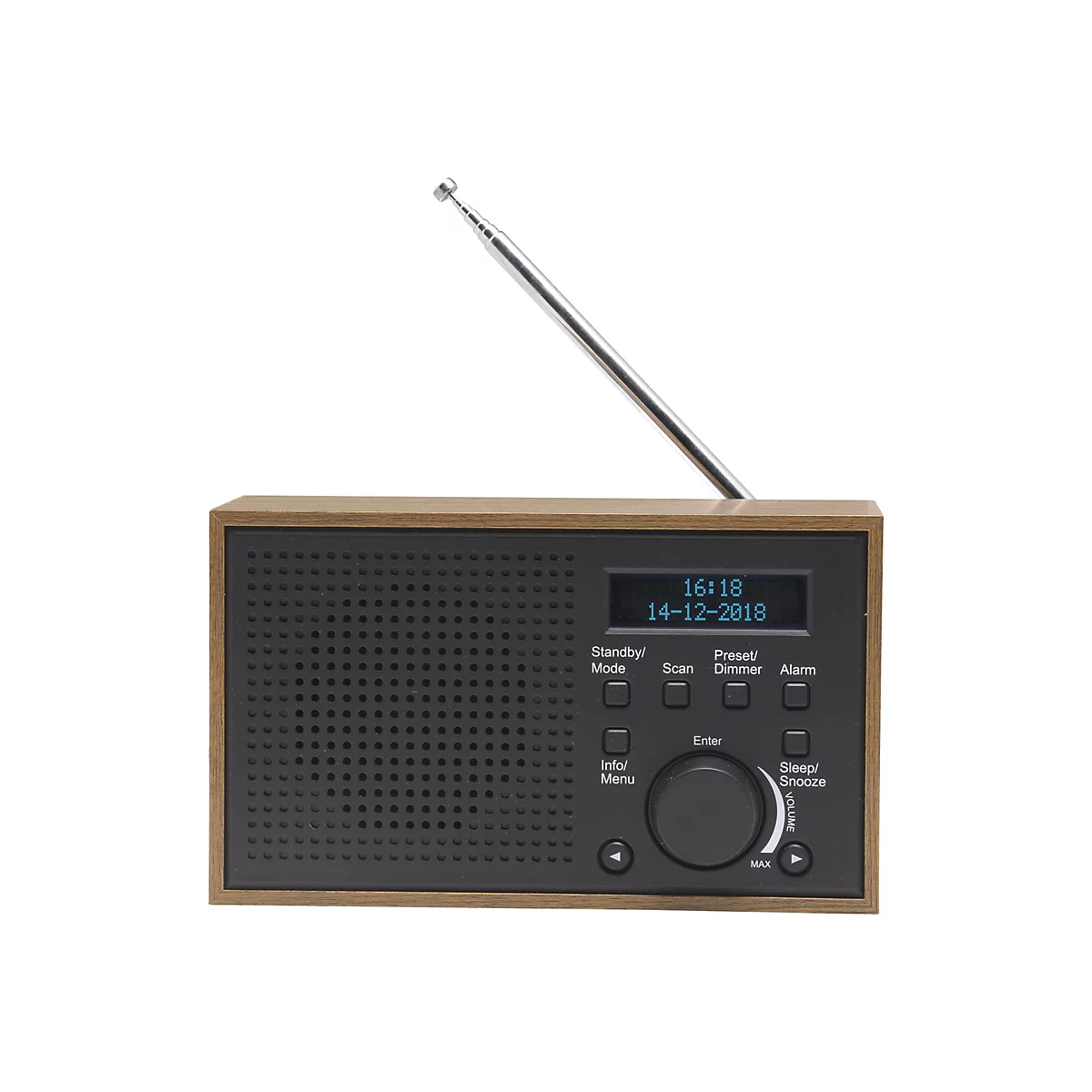 Digitalradio im Retro-Look mit Holzgehäuse, schwarzer Front, Display und ausziehbarer Antenne vor weißem Hintergrund.