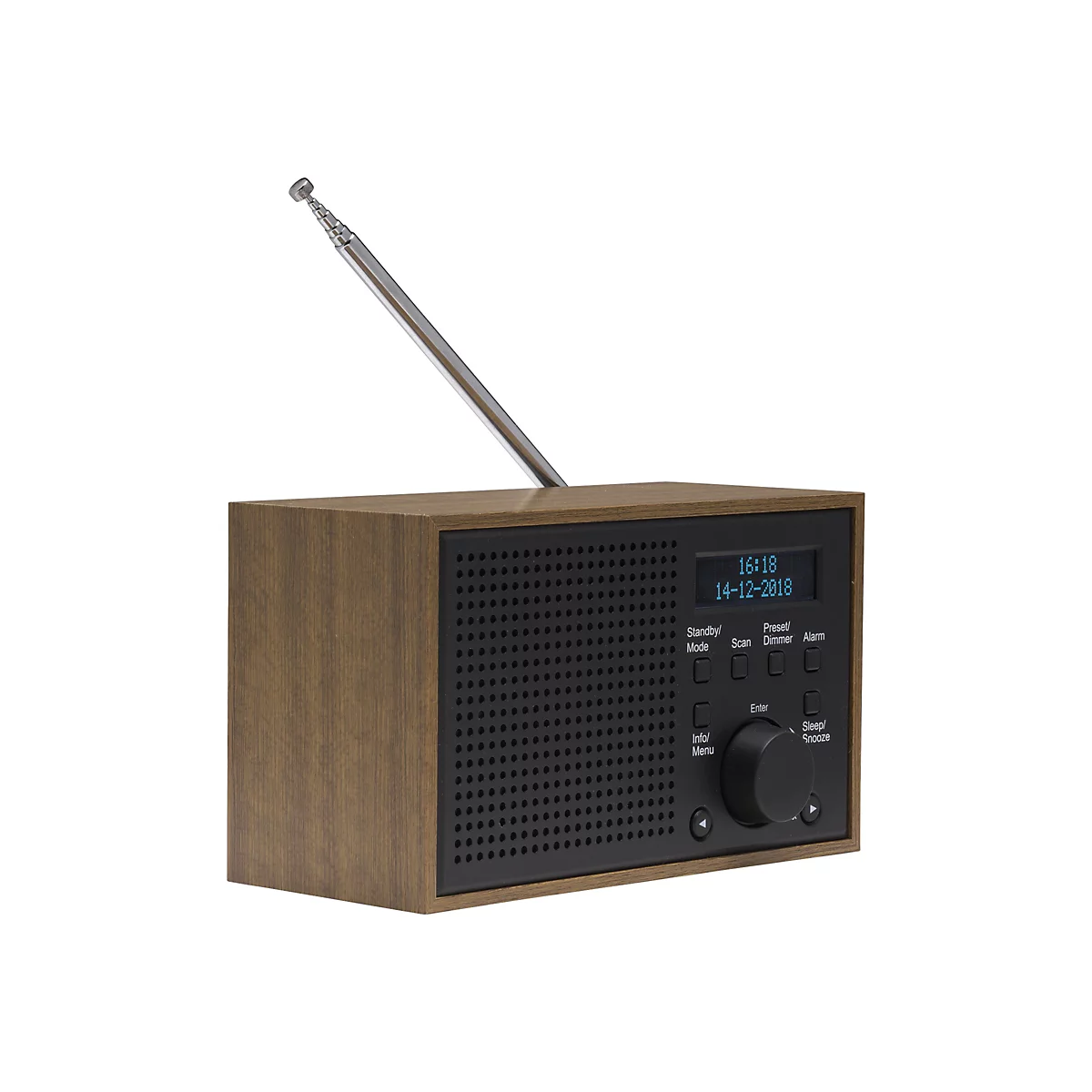 Digitalradio im Retro-Holzdesign mit ausziehbarer Antenne, digitalem Display und Bedienknöpfen auf schwarzer Front.