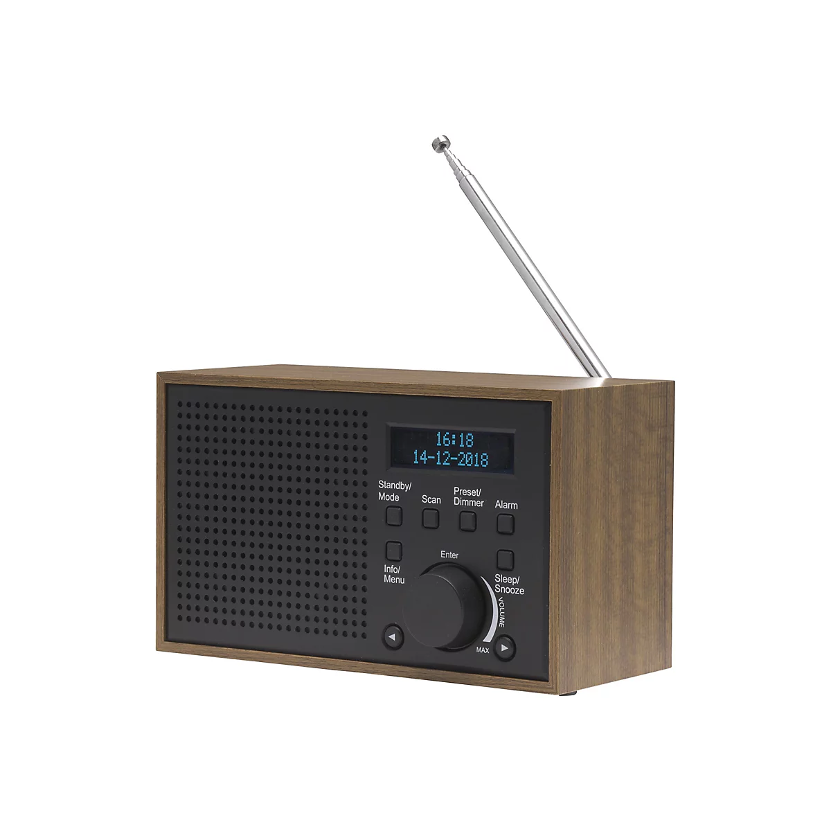 Digitalradio in Holzoptik mit Lautsprecher, Display, Antenne und Bedientasten vor weißem Hintergrund.