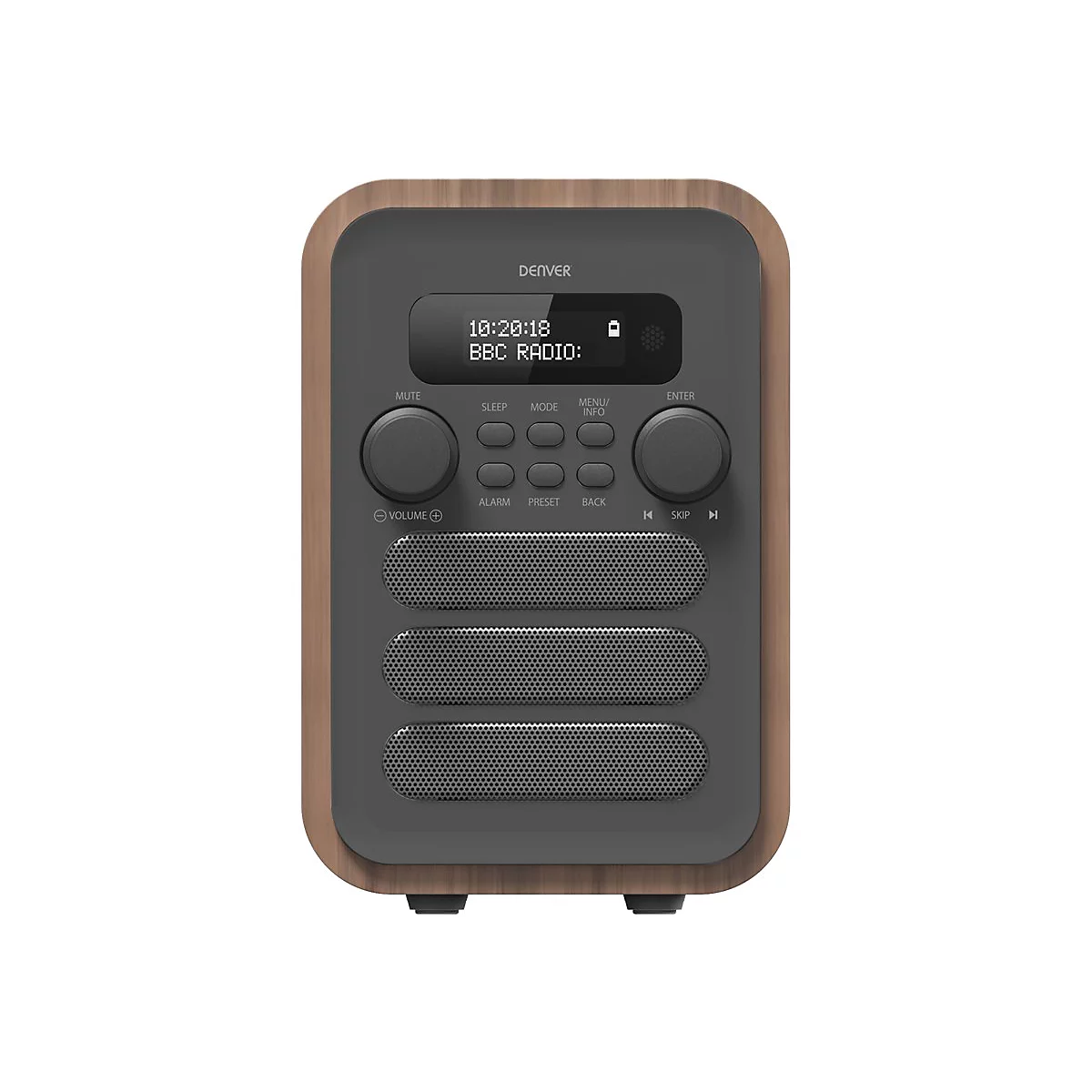 Digitalradio von Denver mit Holzgehäuse, Display und Bedientasten auf grauem Hintergrund.