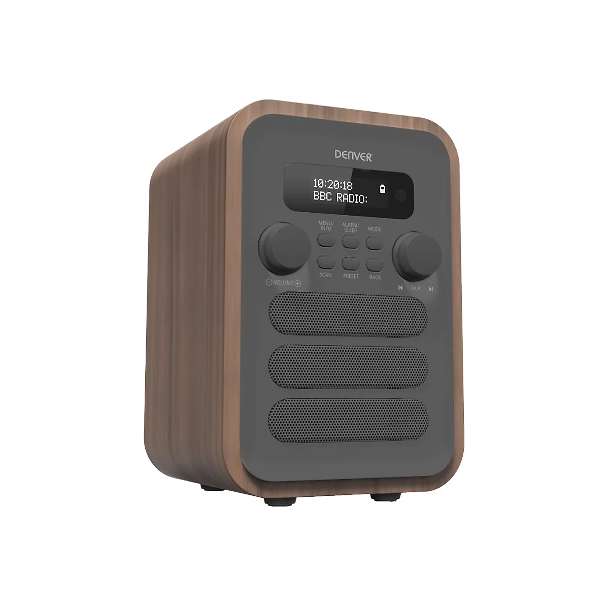 Digitalradio von Denver mit Holzgehäuse und grauer Front, Display und Bedienelementen vor weißem Hintergrund.