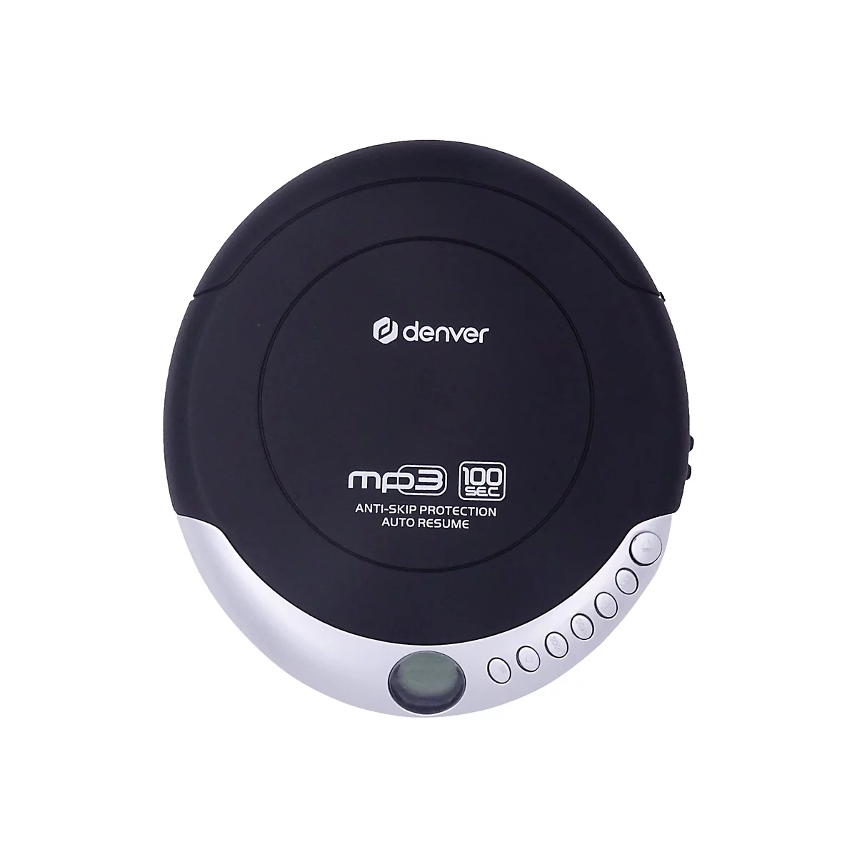 Schwarzer tragbarer CD-Player von Denver mit MP3-Wiedergabe und silbernem Bedienfeld vor weißem Hintergrund.