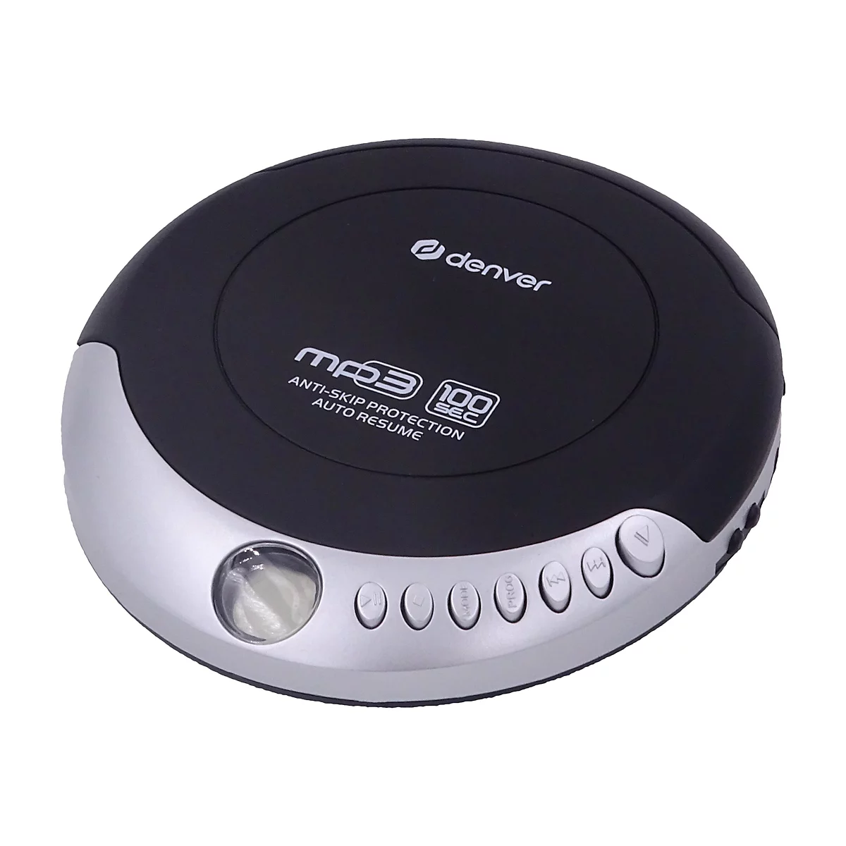 Runder, schwarzer Denver MP3-CD-Player mit silberner Blende und Bedienknöpfen auf weißem Hintergrund.